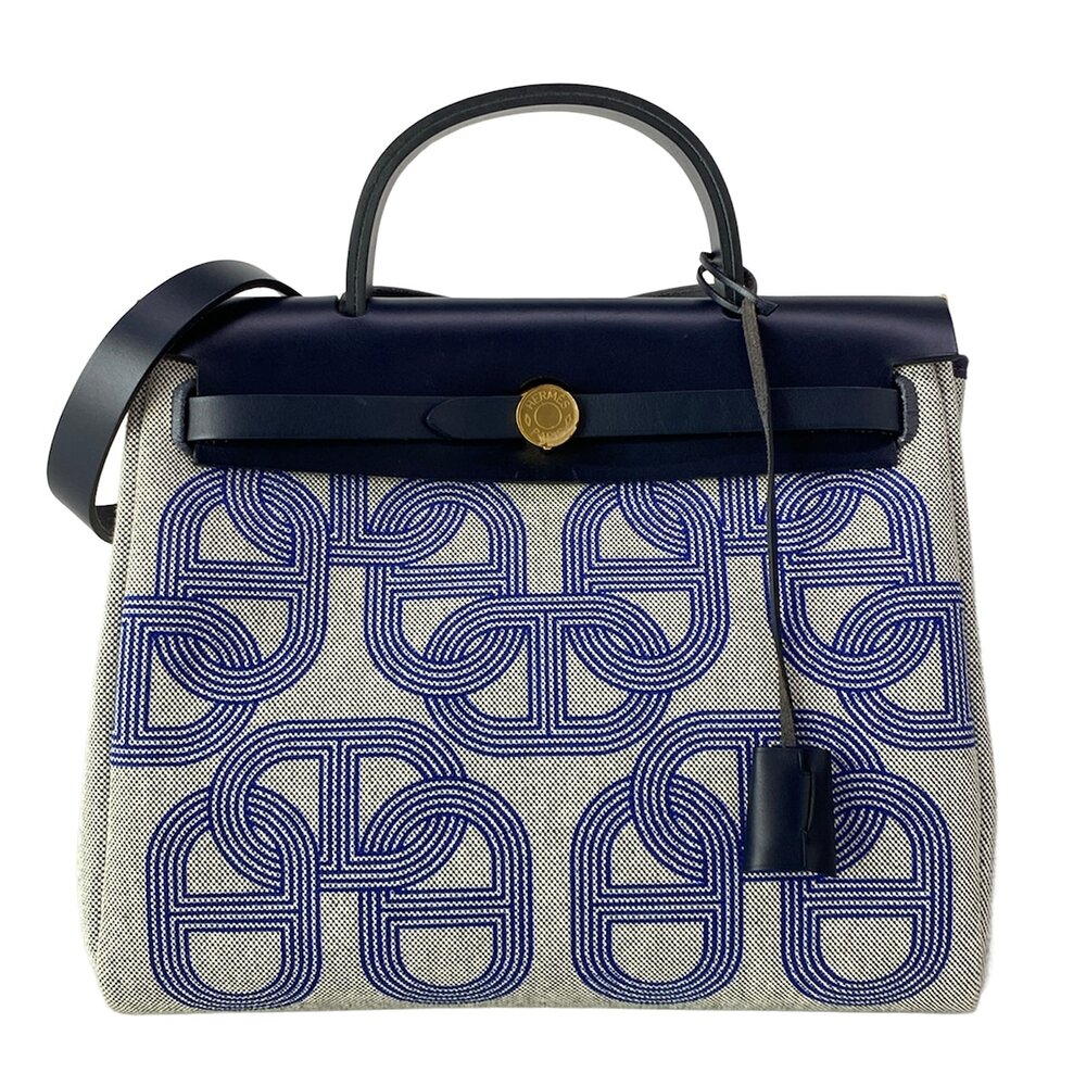 Hermès Her Bag Zip PM Handbag Navy Cream Toile H Vache Hunter